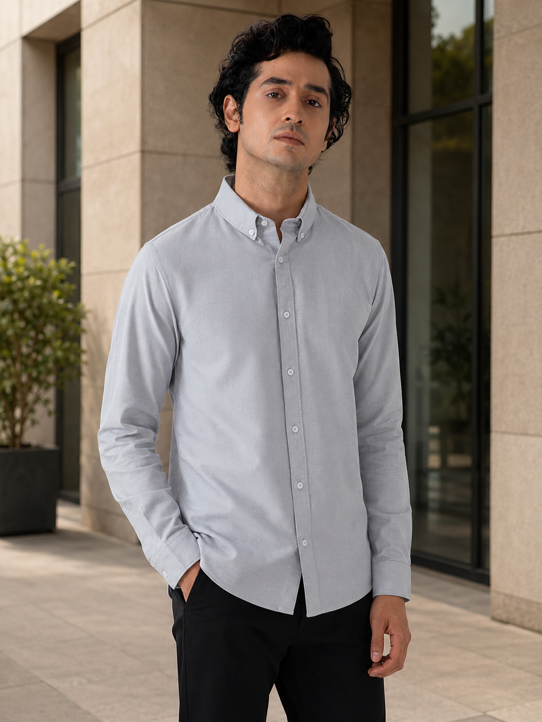 OxfordFlex™ Shirt in Light Grey- Slim Fit