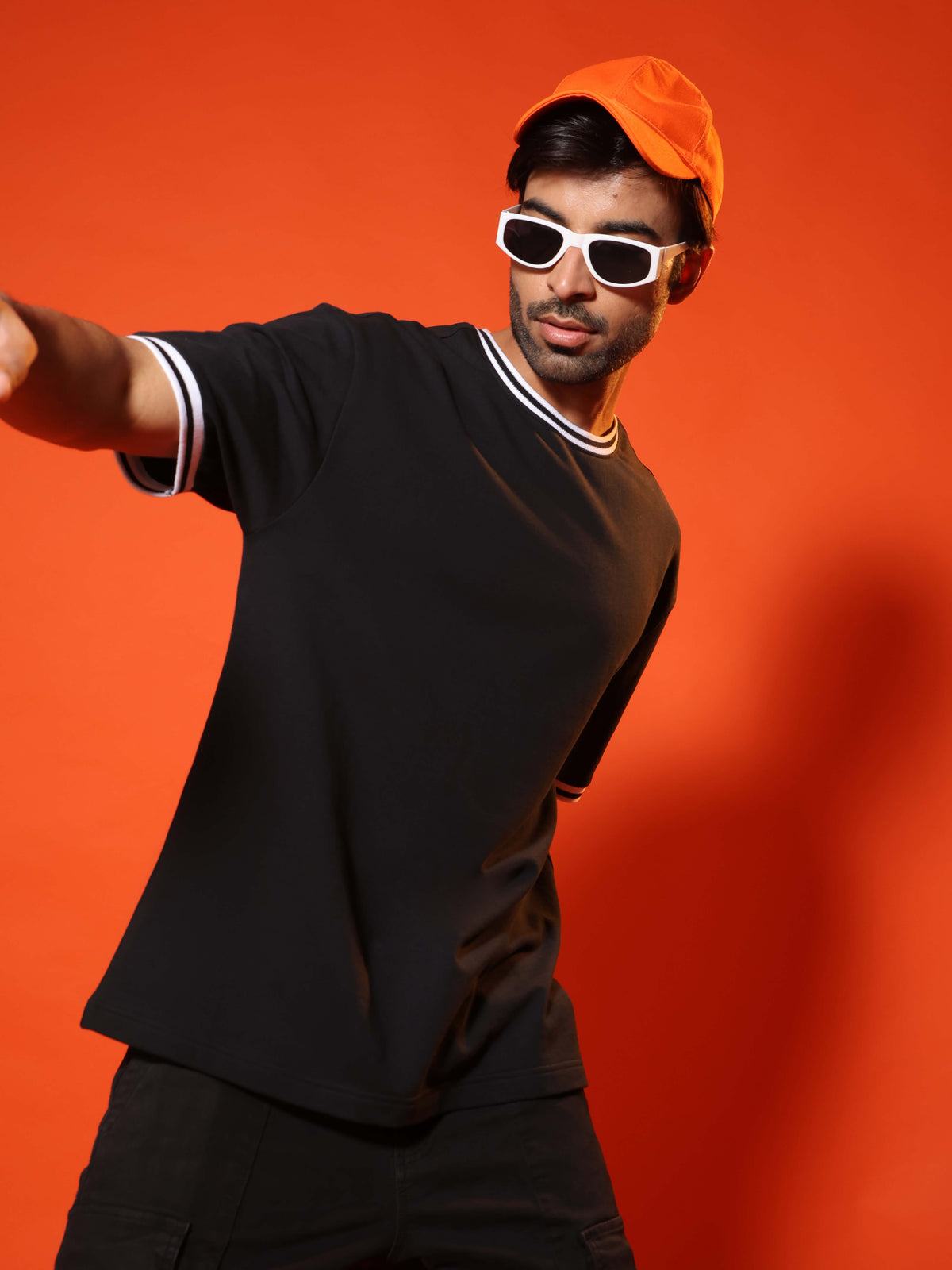 Oversized Round Neck T-Shirt with Stylised Rib in Black