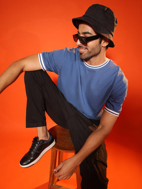 Oversized Round Neck T-Shirt with Stylised Rib in Denim Blue