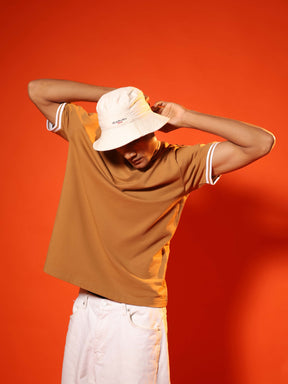 Oversized Round Neck T-Shirt with Stylised Rib in Tan Brown