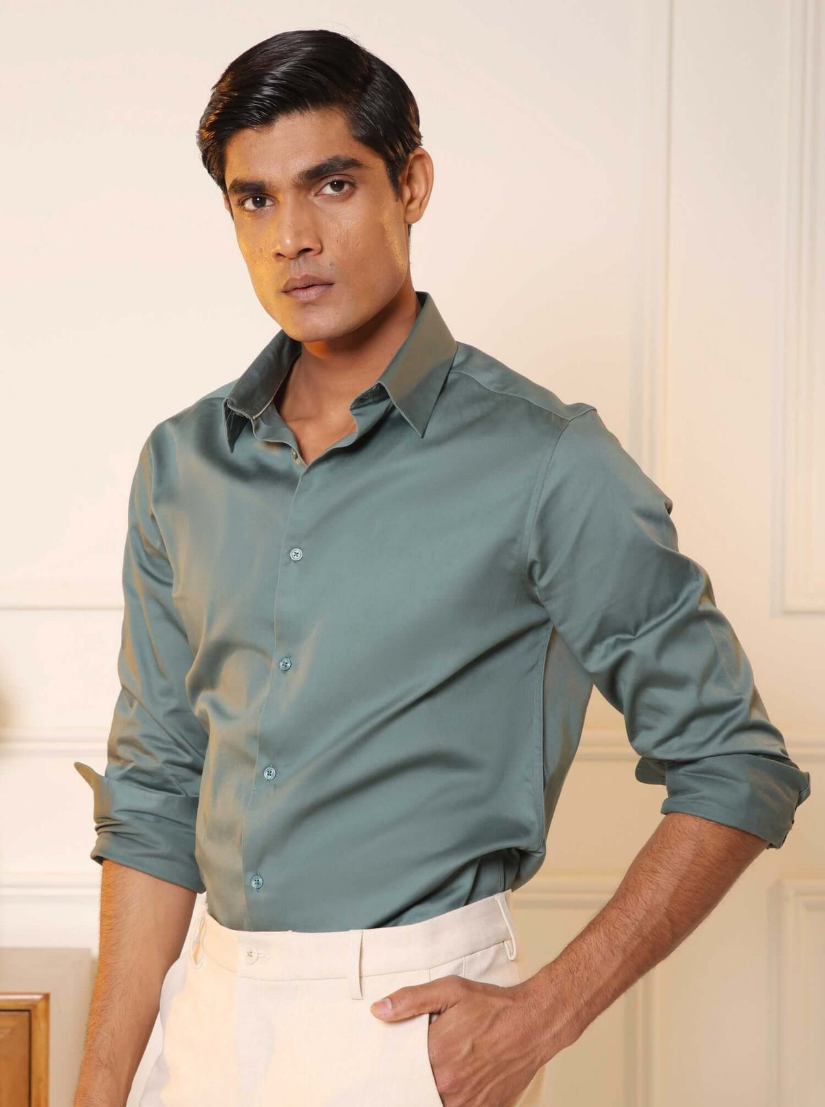 2 Way Stretch Satin Shirt in Hunter Green- Slim Fit