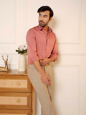 2 Way Stretch Satin Shirt in Rose Metal- Slim Fit