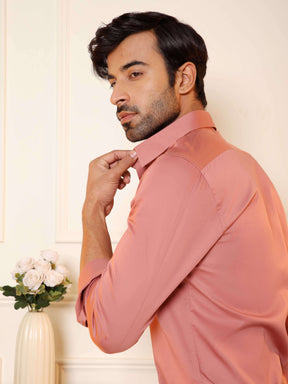 2 Way Stretch Satin Shirt in Rose Metal- Slim Fit