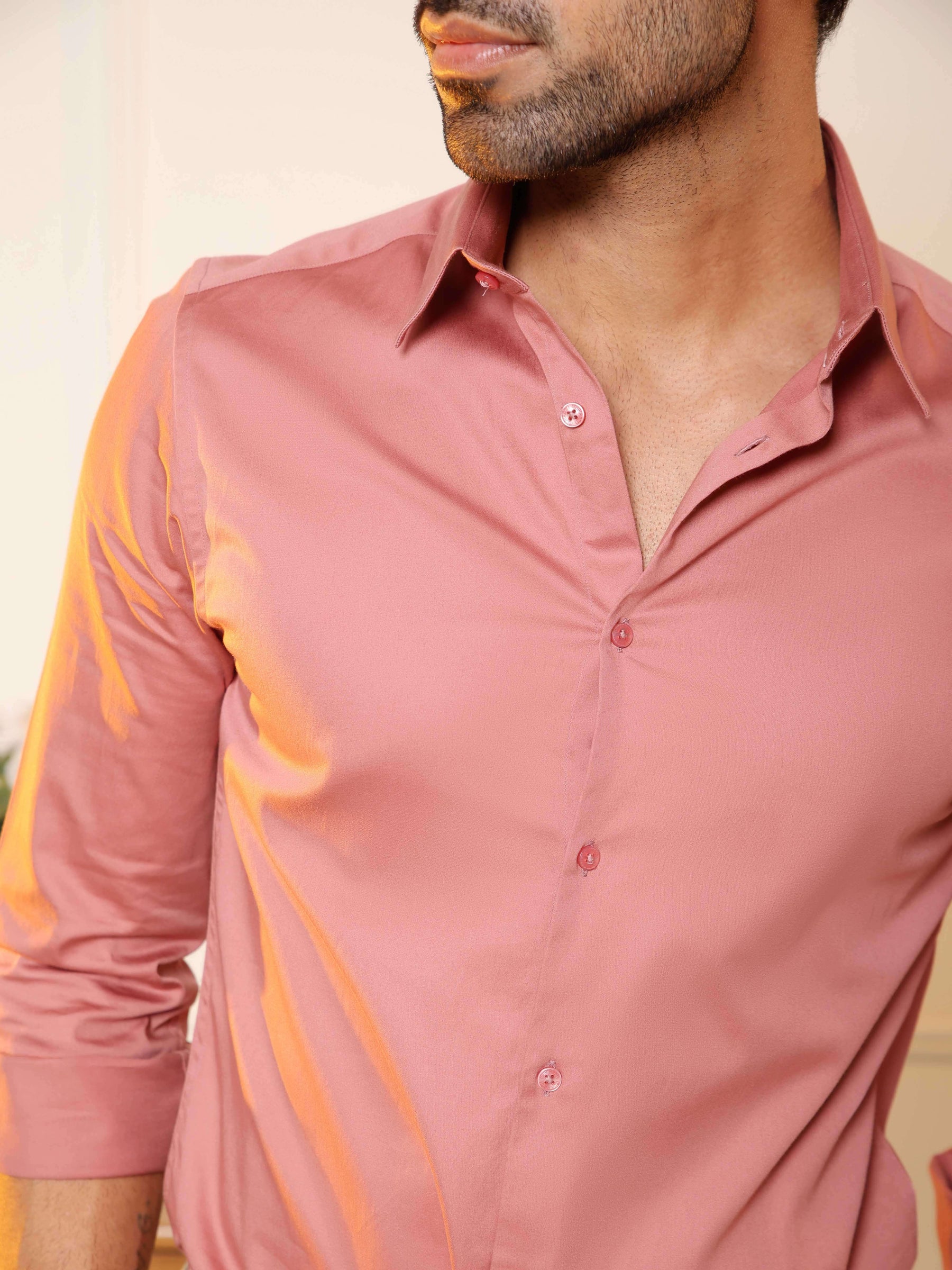 2 Way Stretch Satin Shirt in Rose Metal- Slim Fit