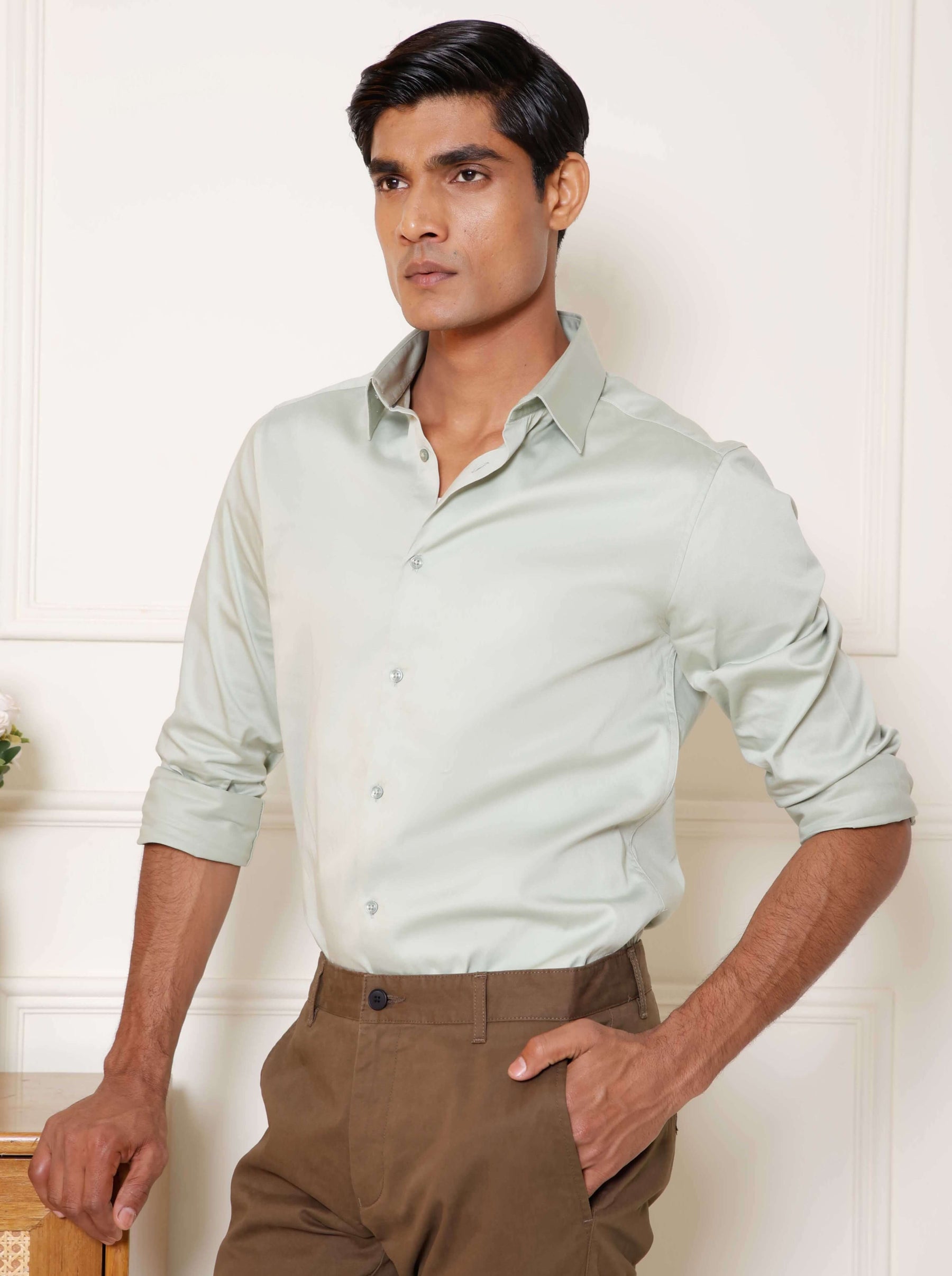 2 Way Stretch Satin Shirt in Sage Green- Slim Fit