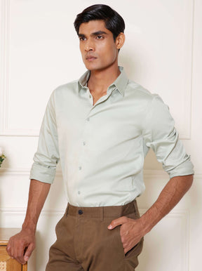2 Way Stretch Satin Shirt in Sage Green- Slim Fit
