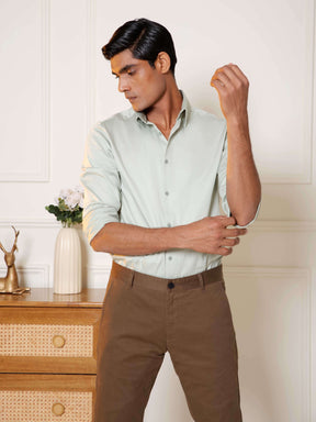 2 Way Stretch Satin Shirt in Sage Green- Slim Fit