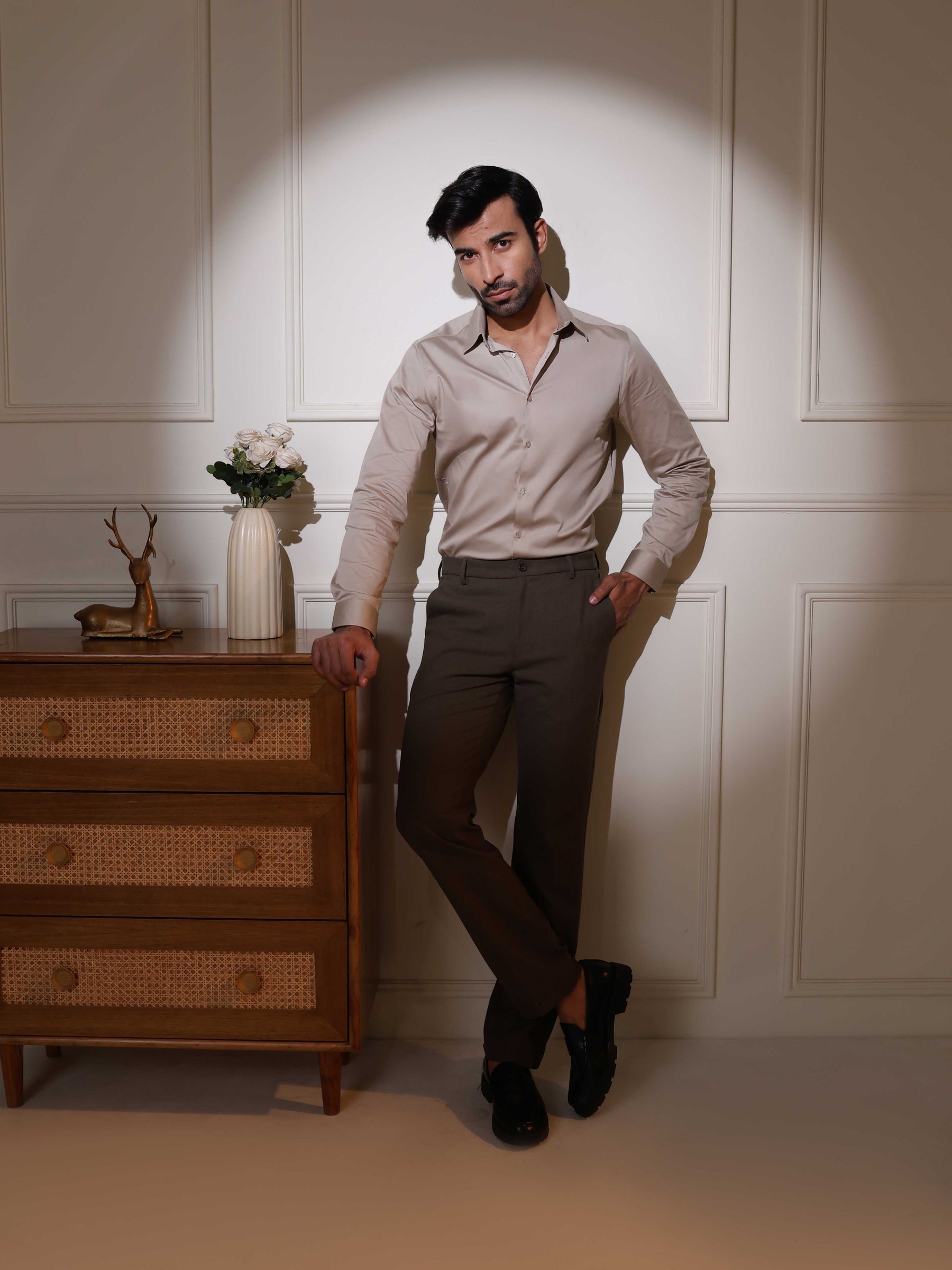 2 Way Stretch Satin Shirt in Hazelwood- Slim Fit