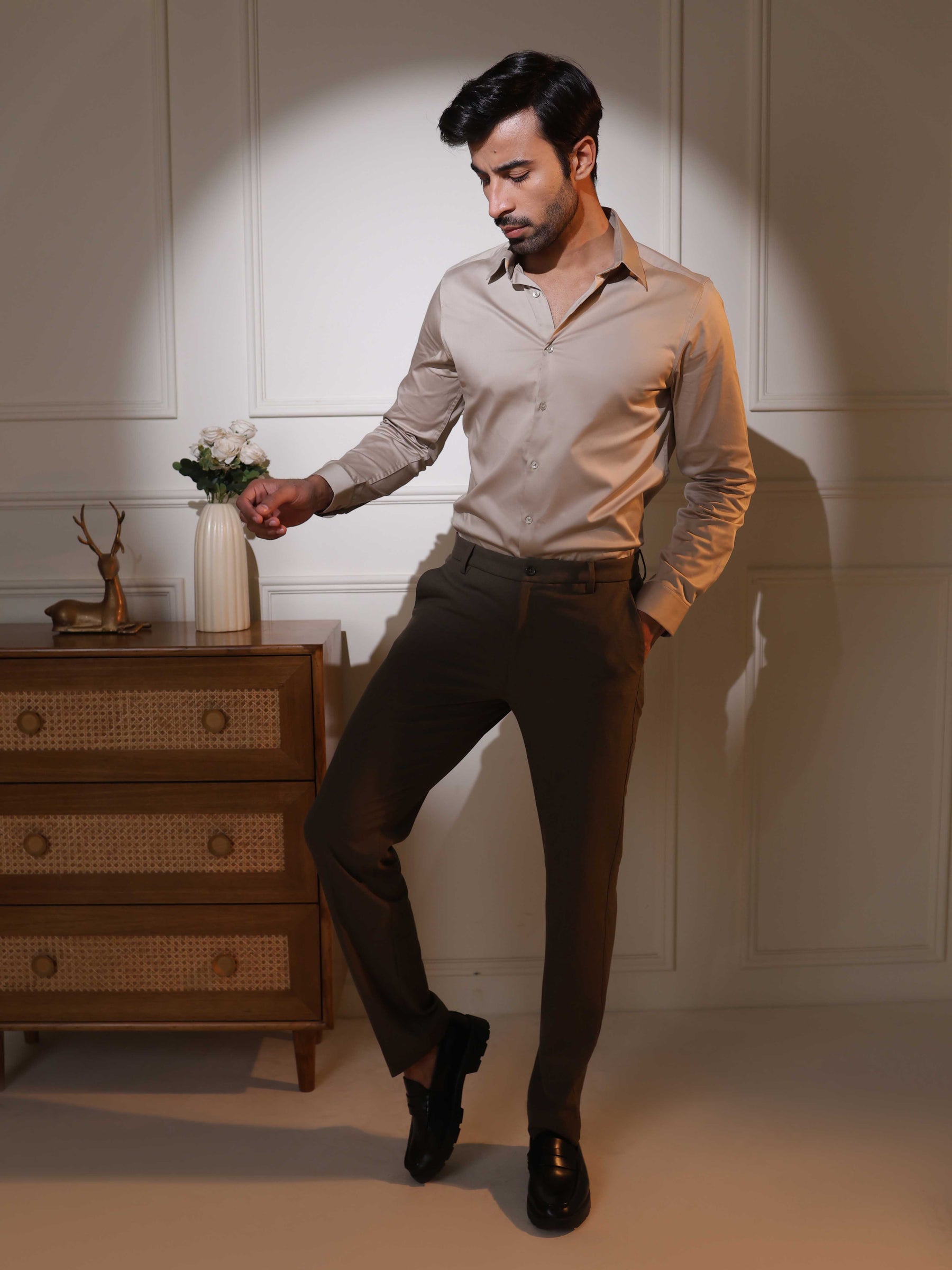 2 Way Stretch Satin Shirt in Hazelwood- Slim Fit