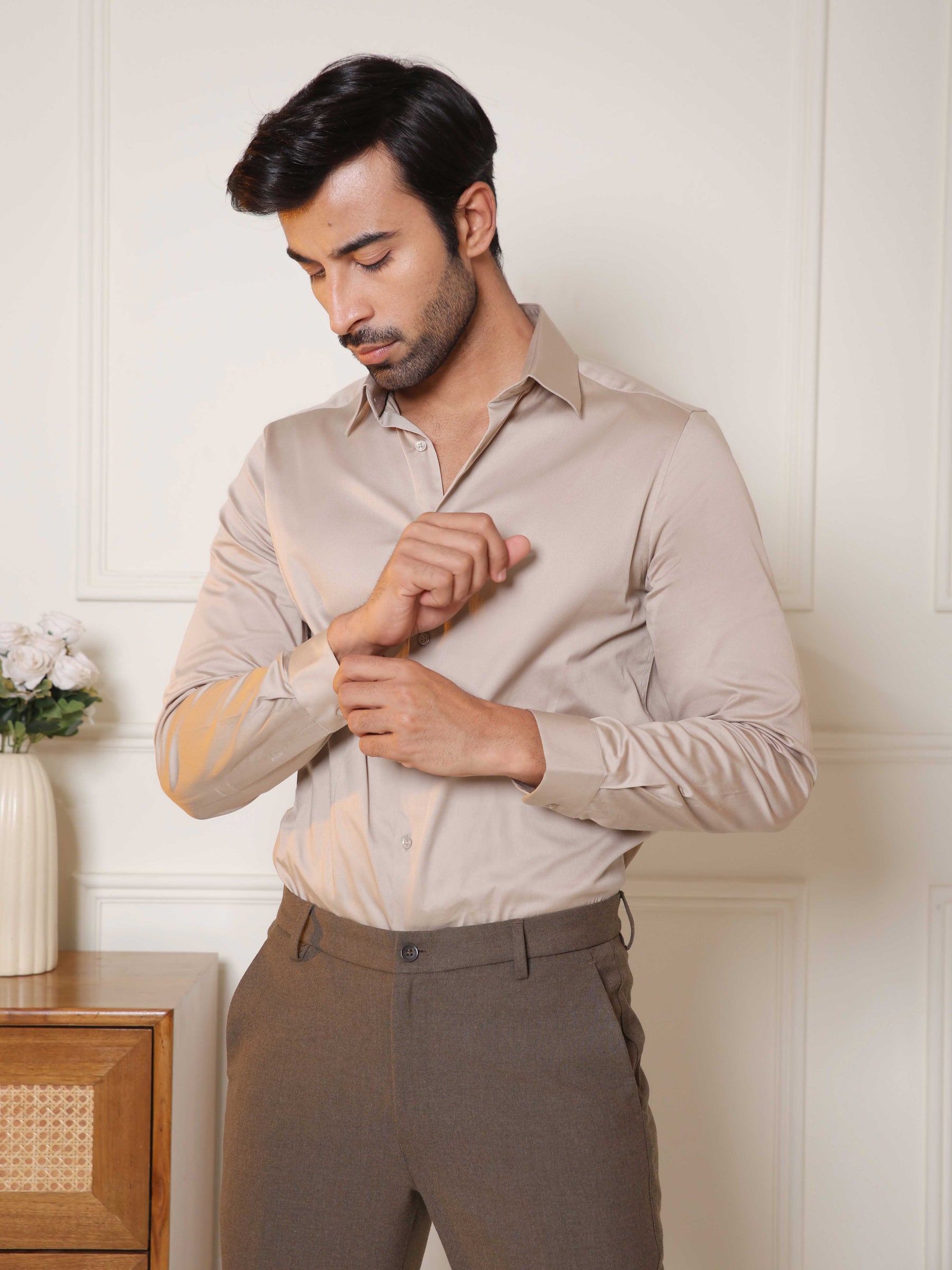 2 Way Stretch Satin Shirt in Hazelwood- Slim Fit