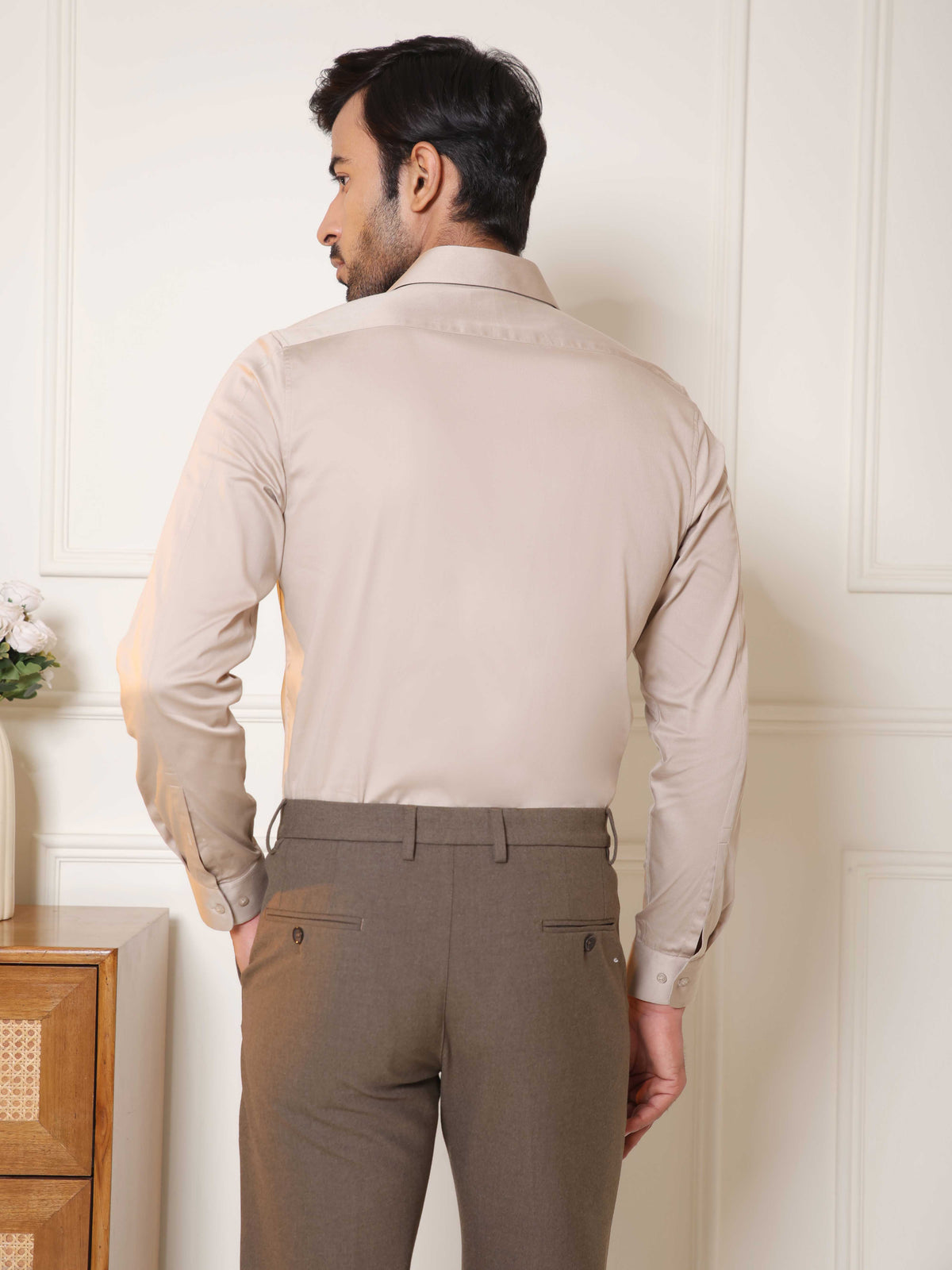 2 Way Stretch Satin Shirt in Hazelwood- Slim Fit