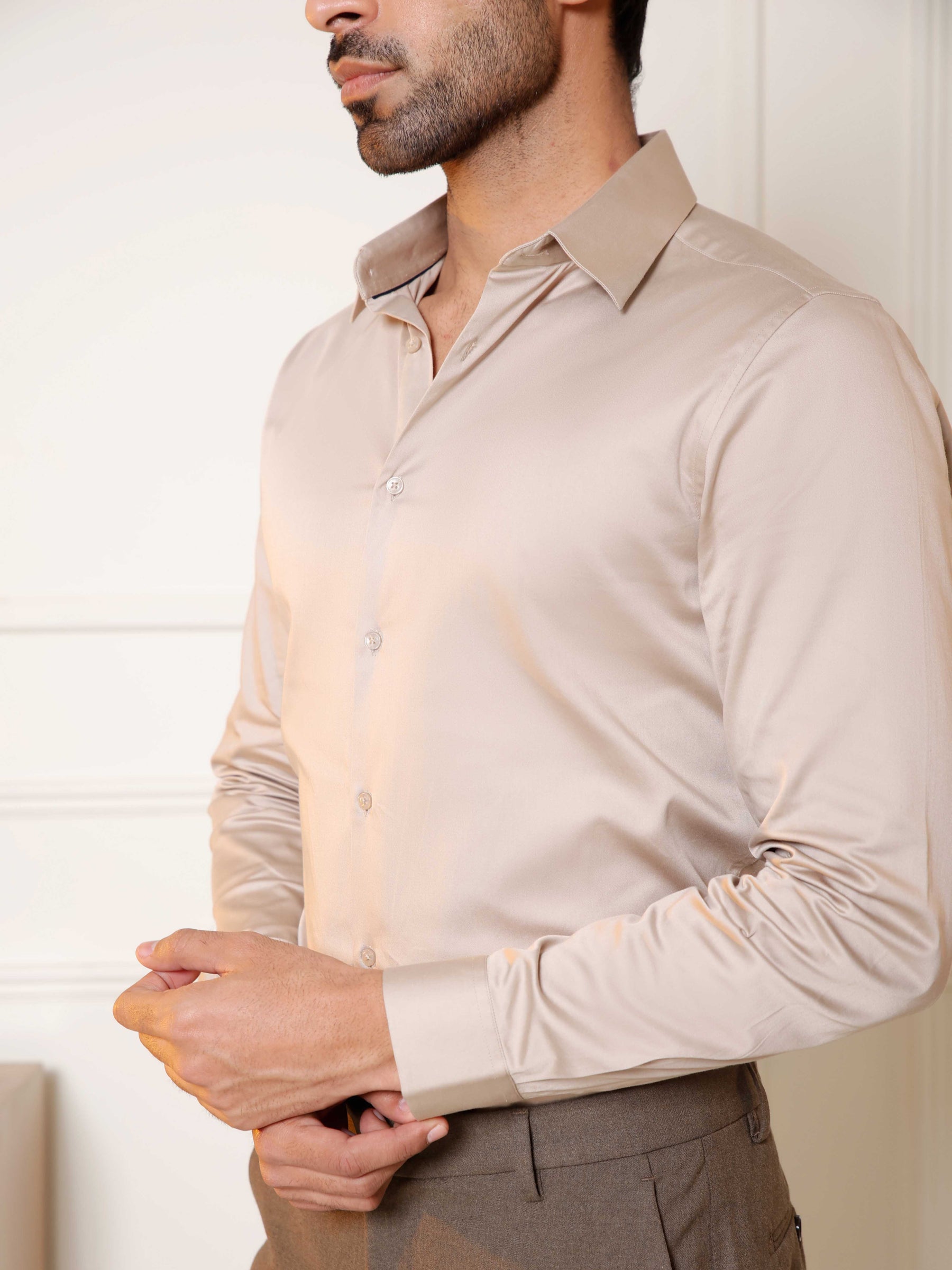 2 Way Stretch Satin Shirt in Hazelwood- Slim Fit