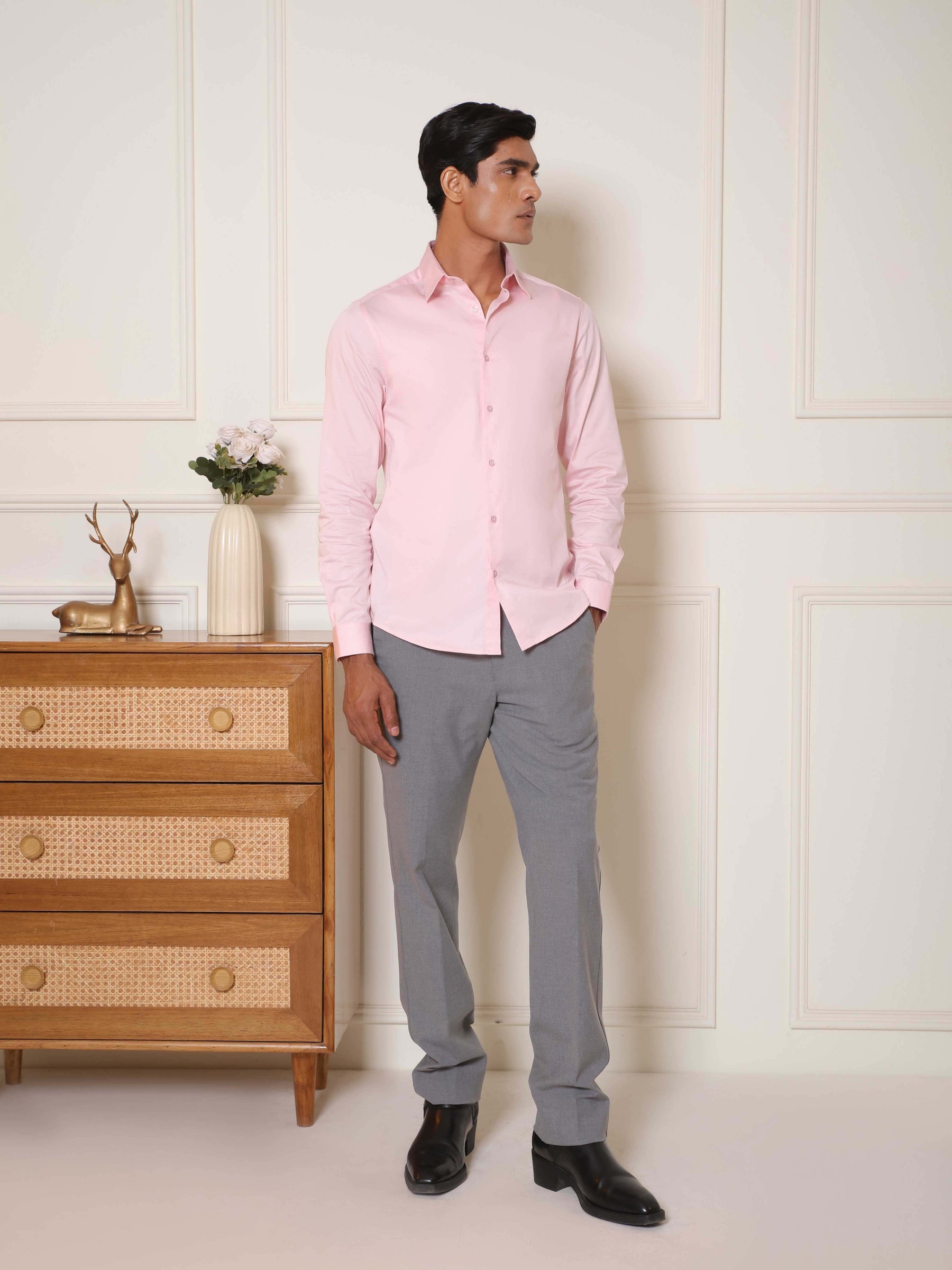 2 Way Stretch Satin Shirt in Ice Pink- Slim Fit