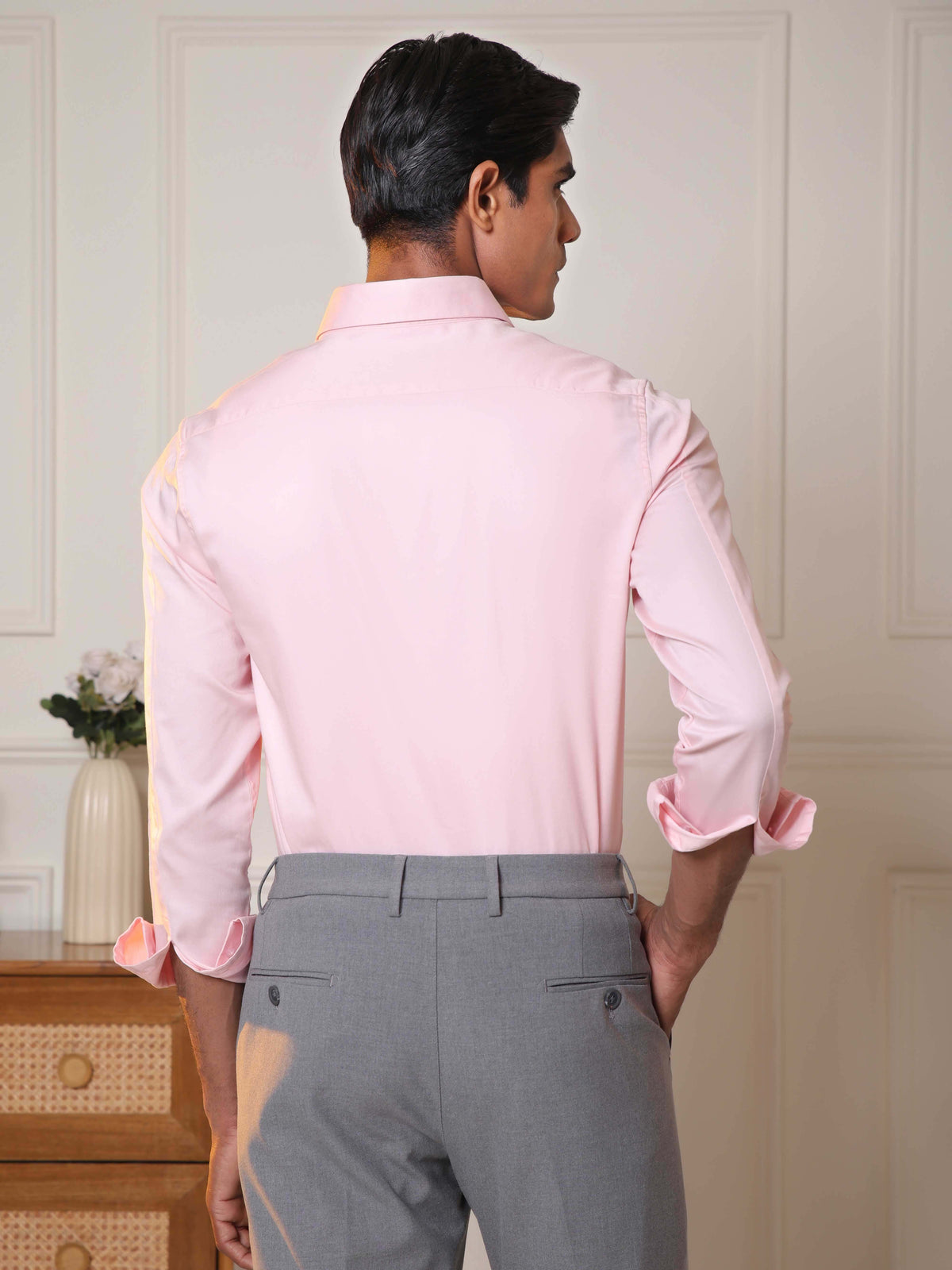 2 Way Stretch Satin Shirt in Ice Pink- Slim Fit