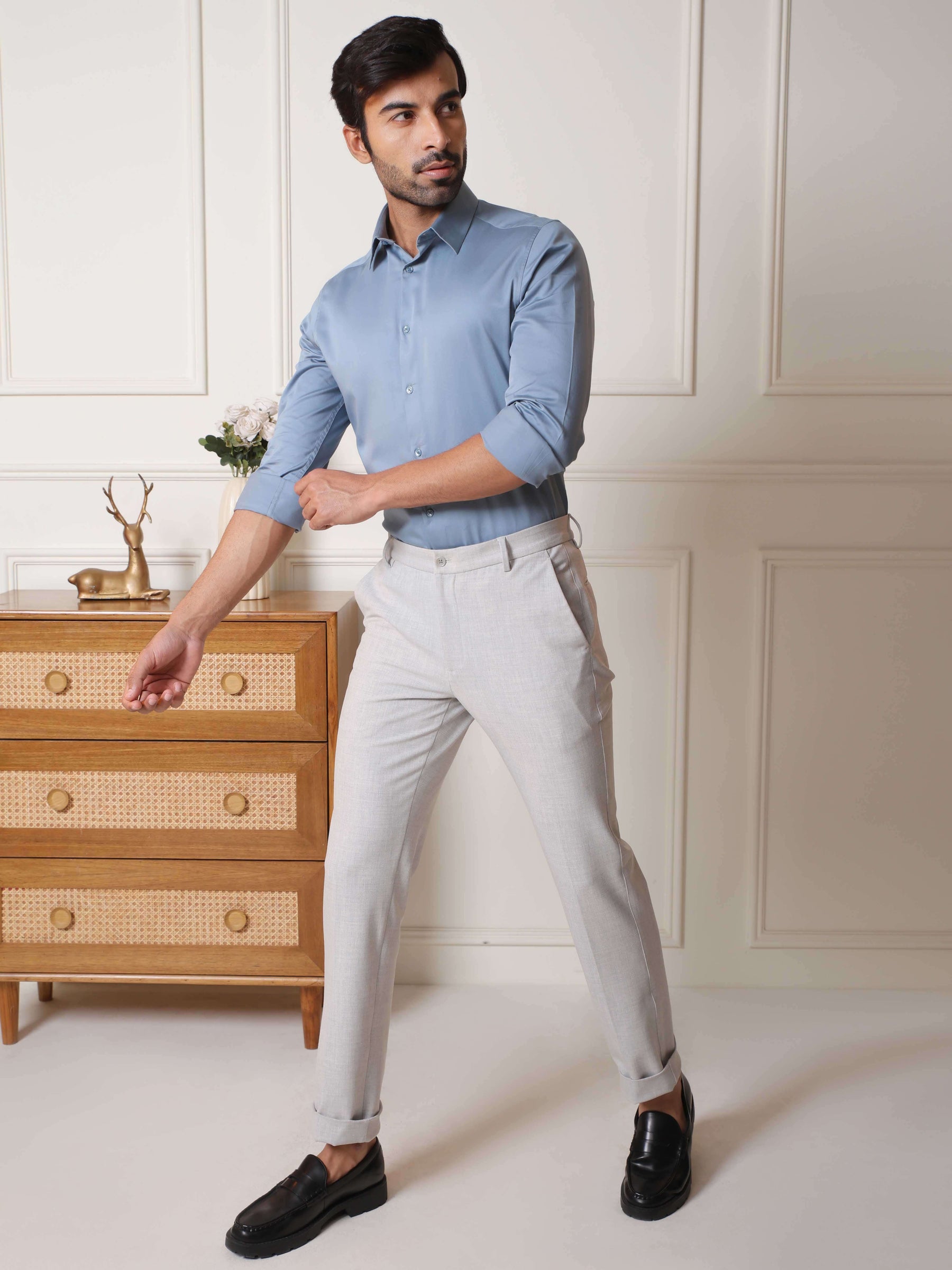 2 Way Stretch Satin Shirt in Stone Blue- Slim Fit