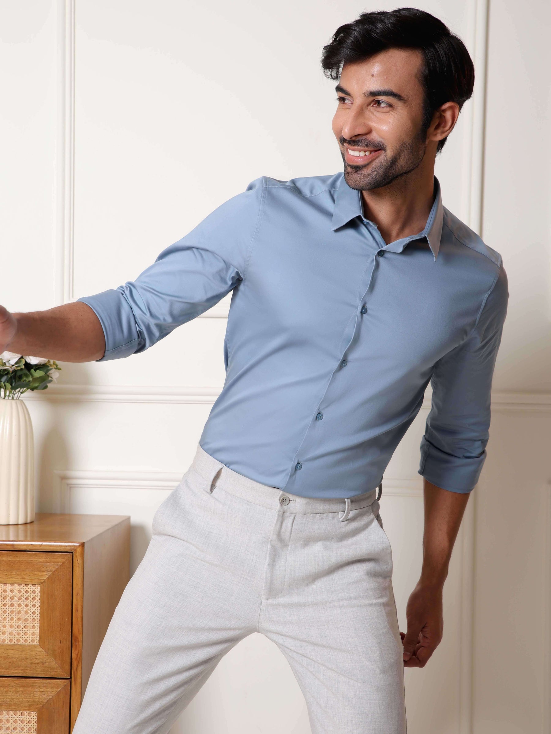 2 Way Stretch Satin Shirt in Stone Blue- Slim Fit