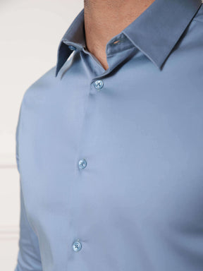 2 Way Stretch Satin Shirt in Stone Blue- Slim Fit