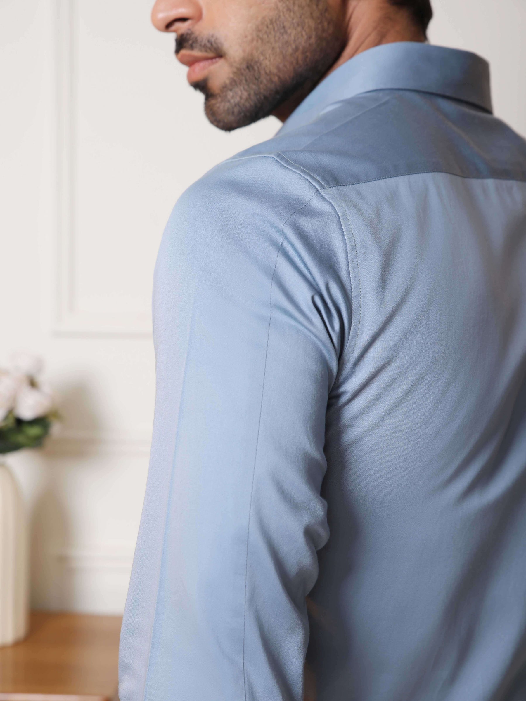 2 Way Stretch Satin Shirt in Stone Blue- Slim Fit
