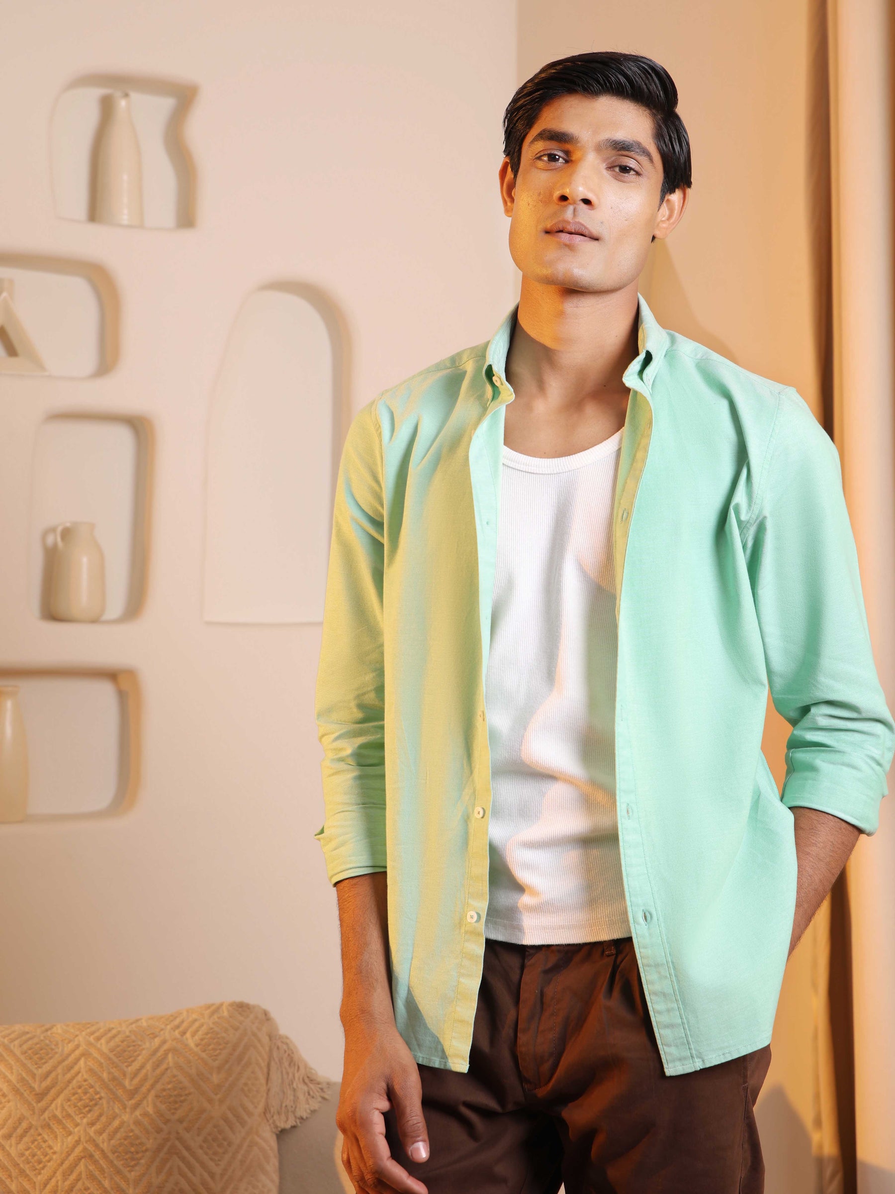 2 Way Stretch Oxford Shirt in Light Green - Slim Fit