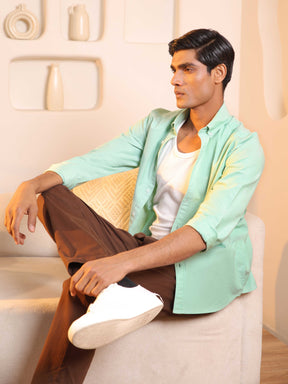 2 Way Stretch Oxford Shirt in Light Green - Slim Fit