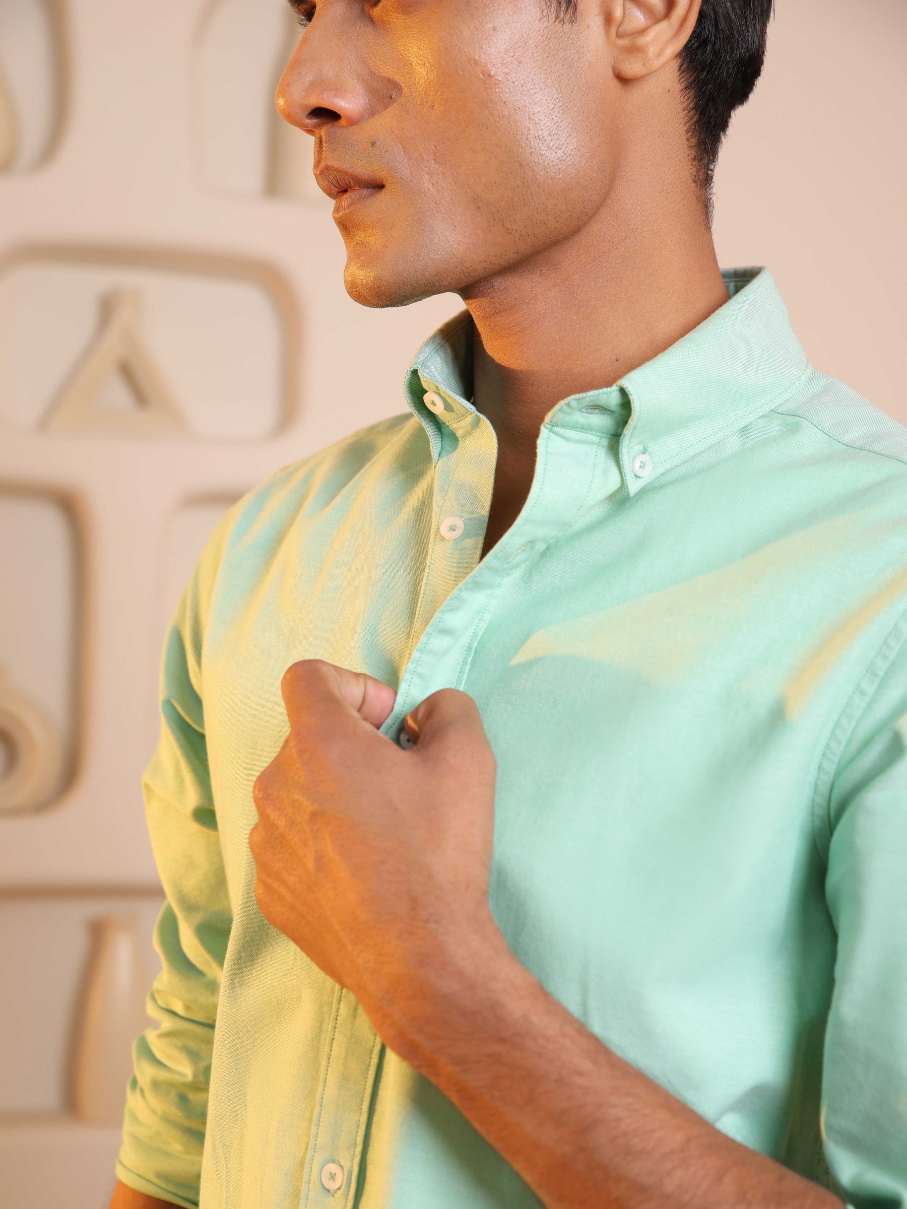 2 Way Stretch Oxford Shirt in Light Green - Slim Fit