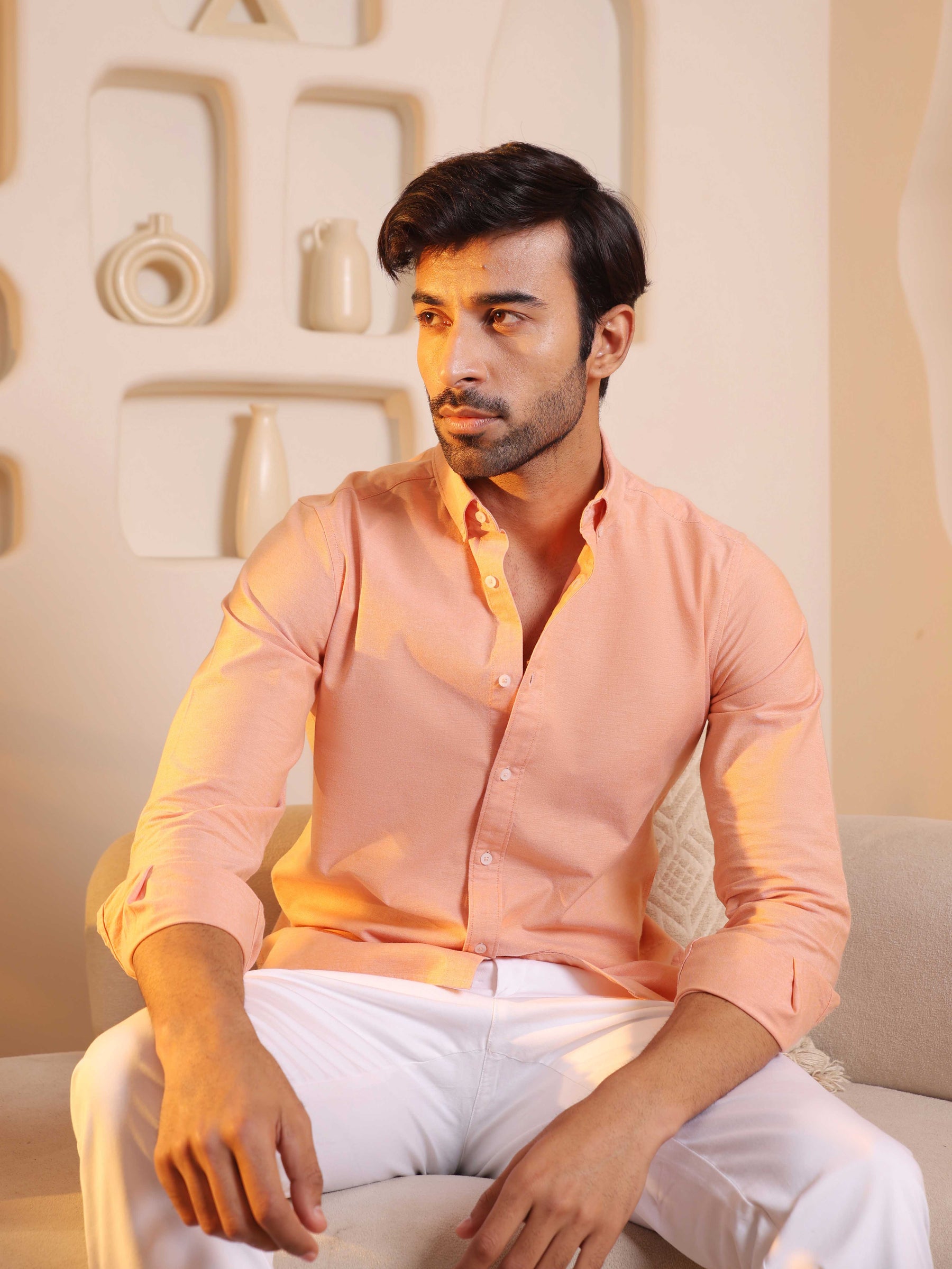 2 Way Stretch Oxford Shirt in Light Orange - Slim Fit