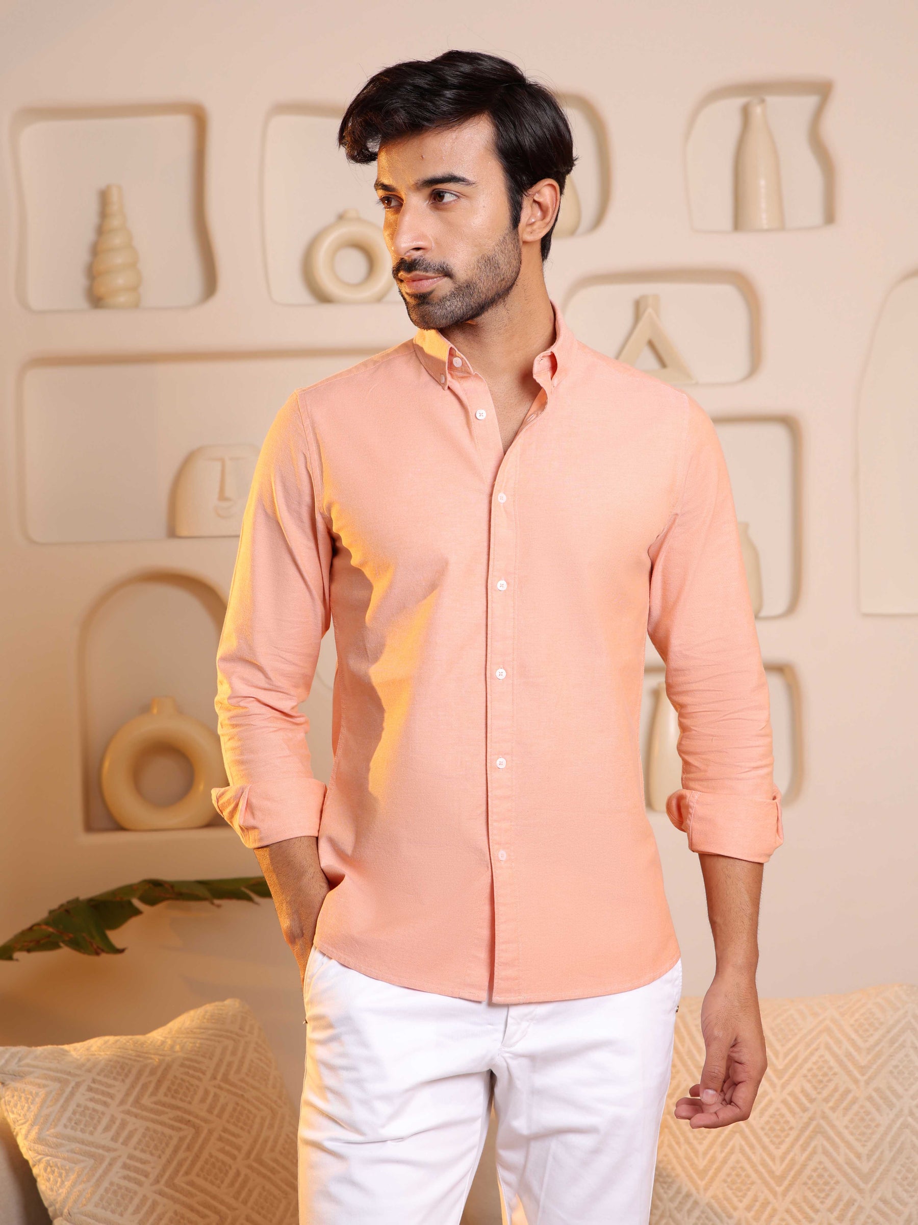 2 Way Stretch Oxford Shirt in Light Orange - Slim Fit