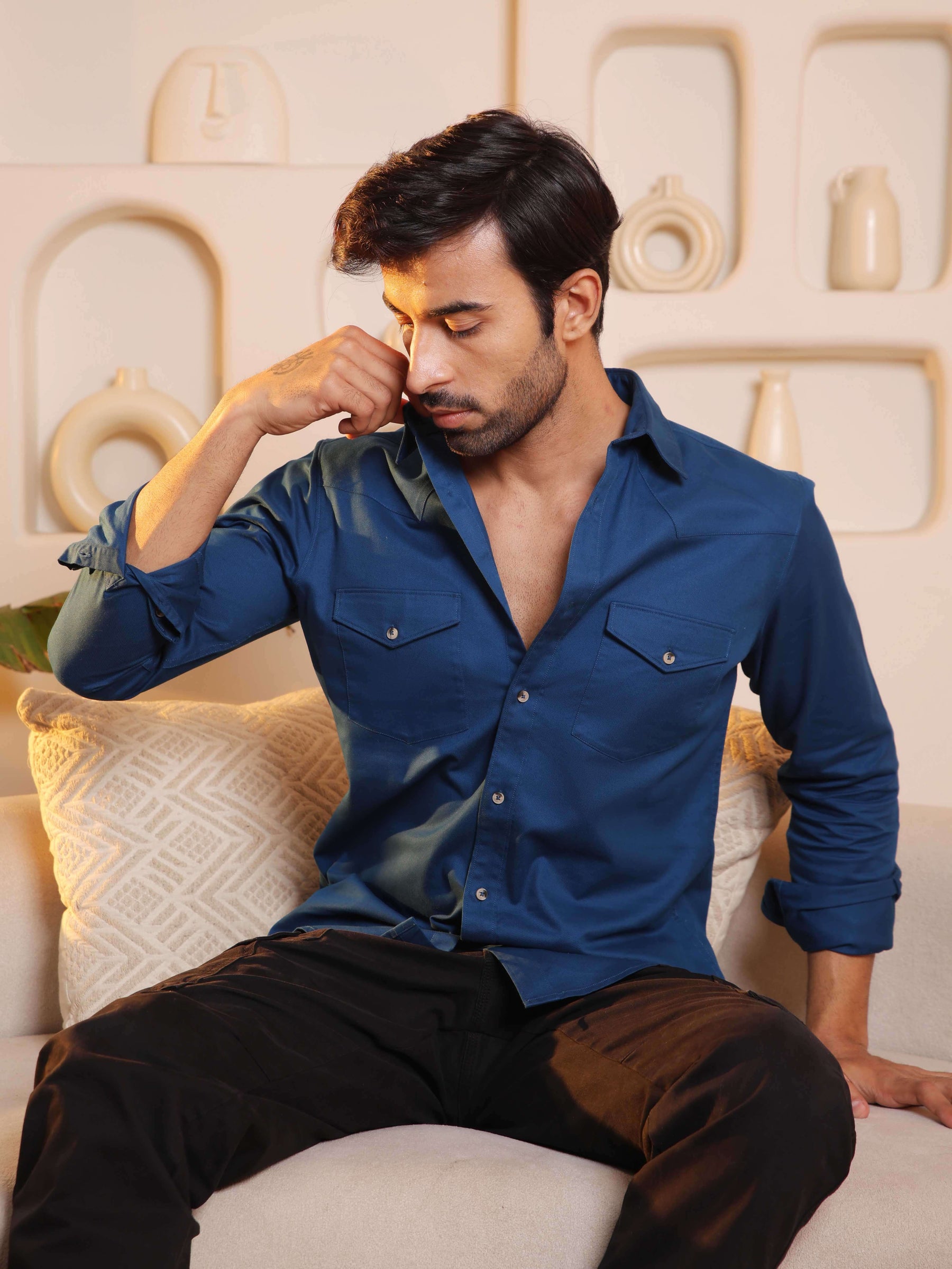Double Pocket Cargo Shirt in Prussian Blue - Comfort Fit