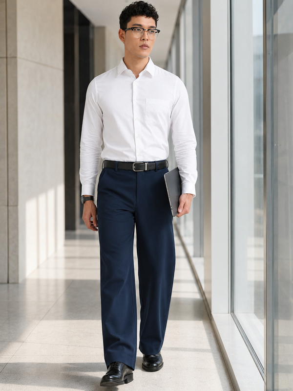 A man wearing a white long-sleeve dress shirt, navy blue dress pants, a black belt, and black dress shoes walks down a modern office hallway holding a gray folder.