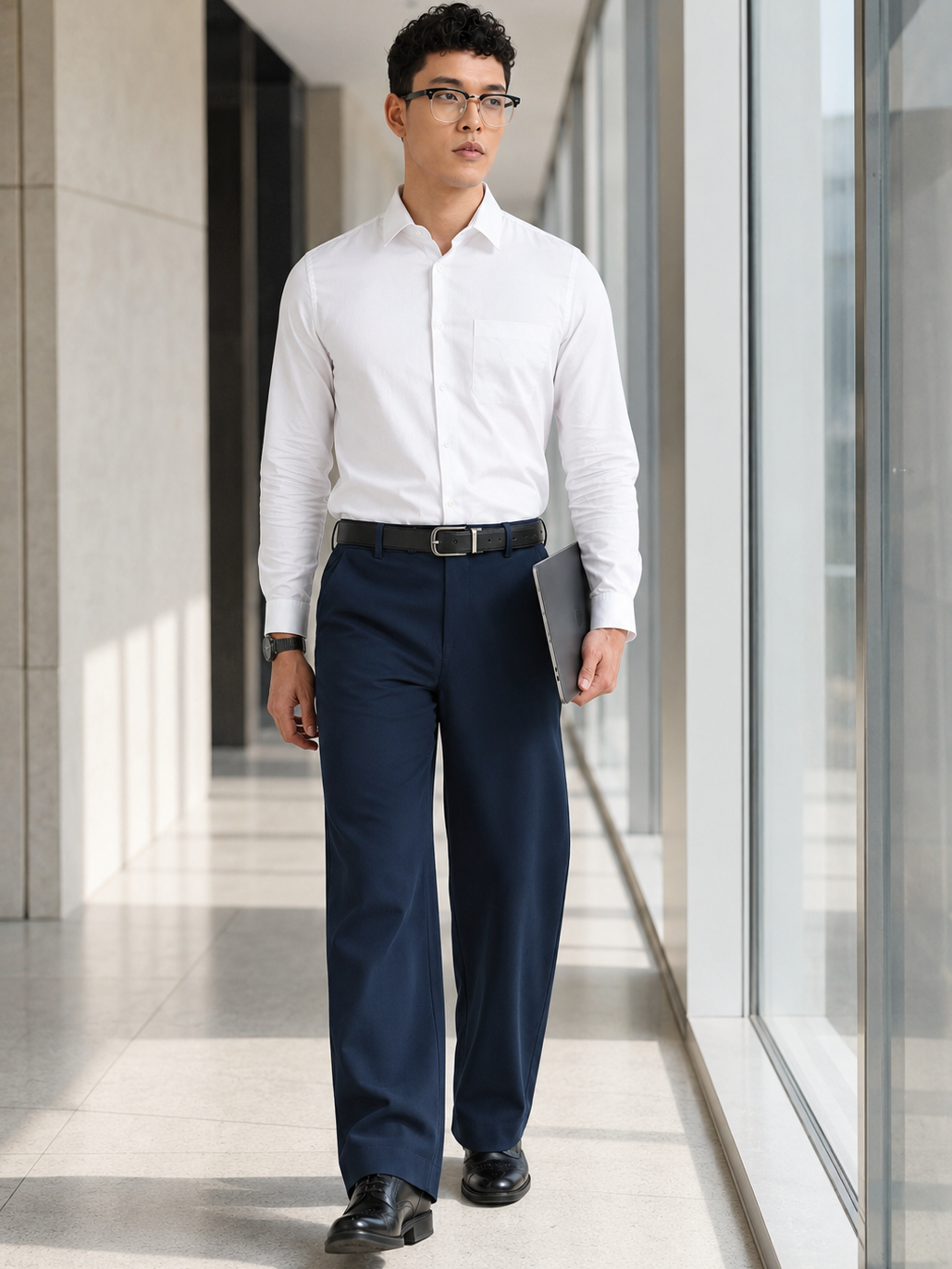 A man wearing a white long-sleeve dress shirt, navy blue dress pants, a black belt, and black dress shoes walks down a modern office hallway holding a gray folder.