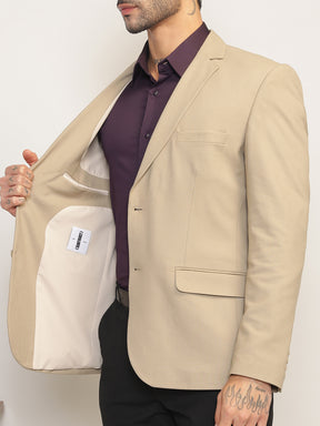 Men Beige Slim Fit Single-Breasted Stretchable Blazer For All Seasons