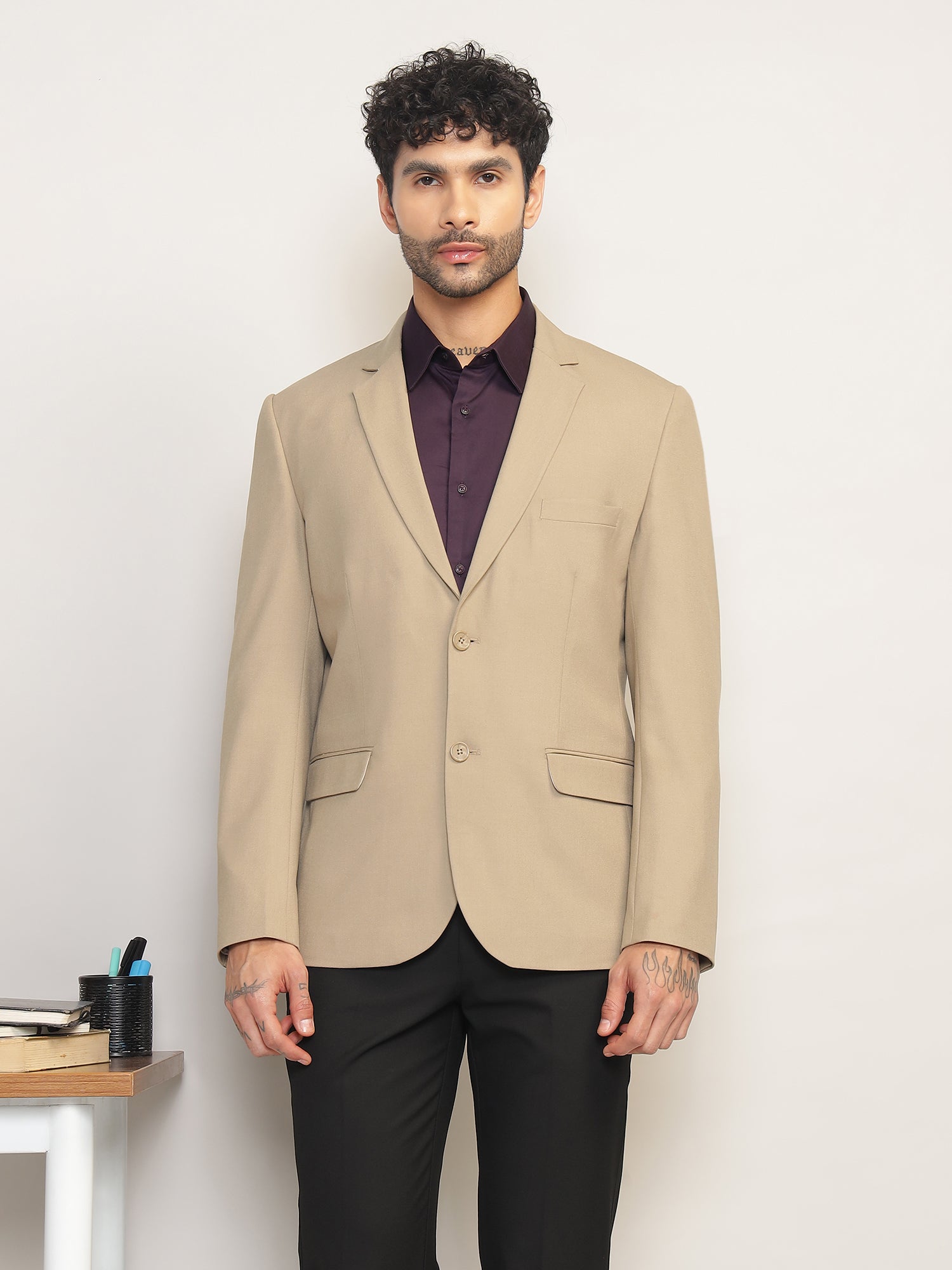Men Beige Slim Fit Single-Breasted Stretchable Blazer For All Seasons