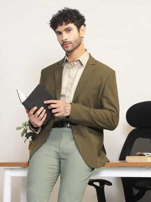 Men Jade Olive Slim Fit Single-Breasted Stretchable Blazer For All Seasons