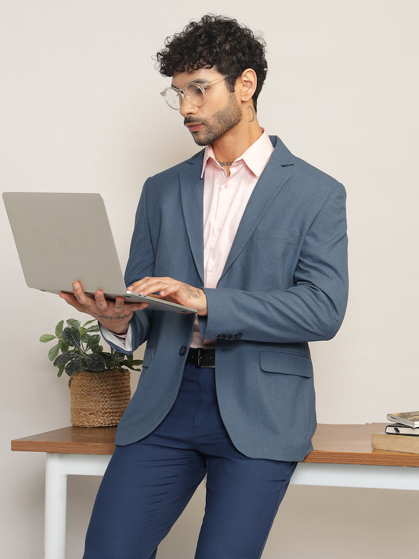 Men Steel Blue Slim Fit Single-Breasted Stretchable Blazer For All Seasons