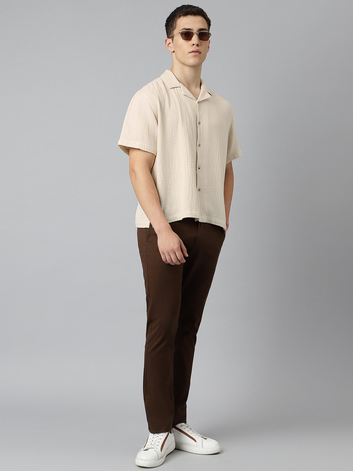 Cuban Collar Half Sleeve Casual Shirt in Beige - Comfort Fit