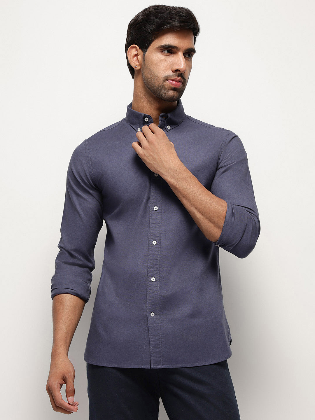 2 Way Stretch Oxford Shirt in Ash Blue-Slim Fit