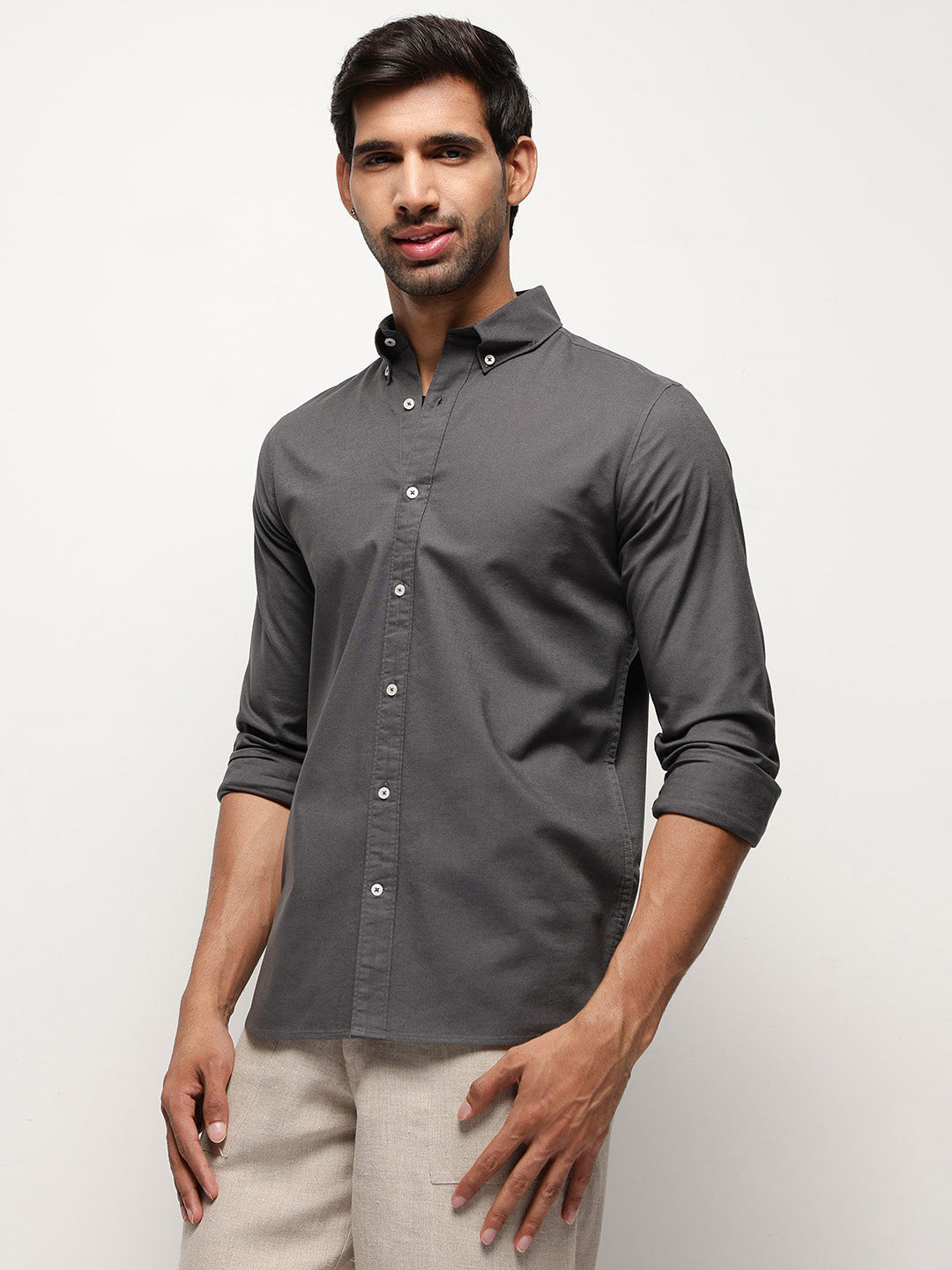 2 Way Stretch Oxford Shirt in Graphite-Slim Fit