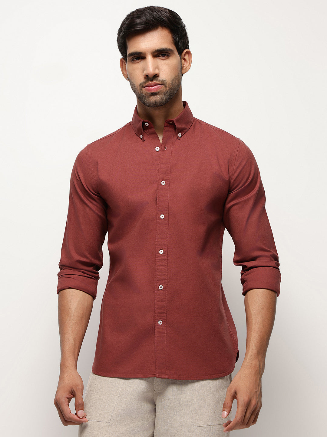 2 Way Stretch Oxford Shirt in Red Wood -Slim Fit