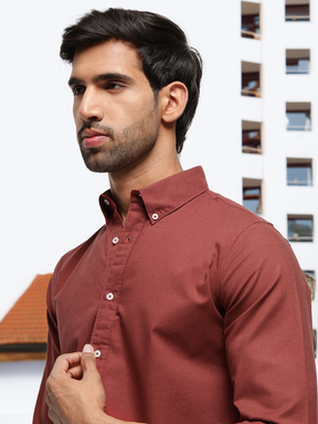 2 Way Stretch Oxford Shirt in Red Wood -Slim Fit