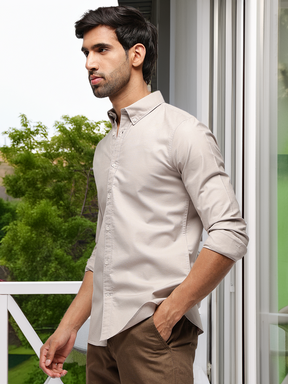 2 Way Stretch Oxford Shirt in Sand Stone -Slim Fit
