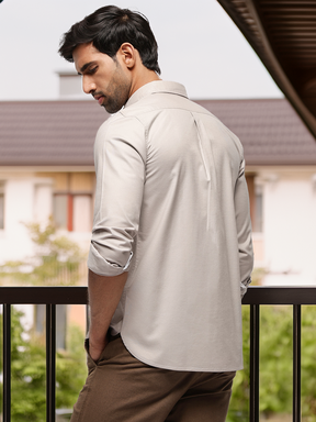 2 Way Stretch Oxford Shirt in Sand Stone -Slim Fit