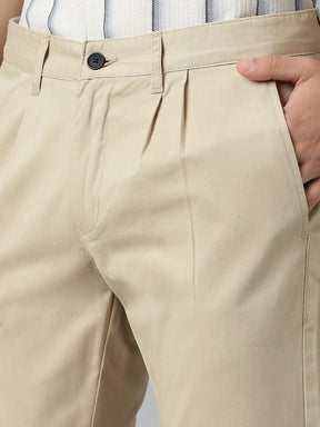 2 Way Stretch Pleated Chinos in Beige- Comfort Fit