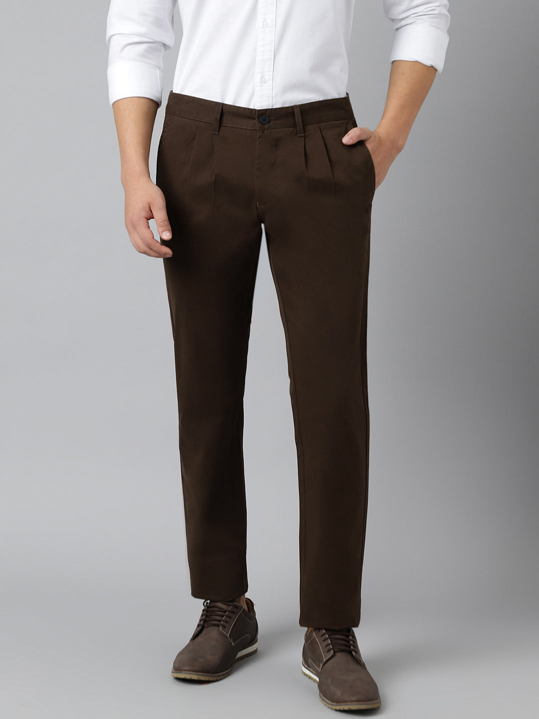2 Way Stretch Pleated Chinos in Chocolate Brown- Comfort Fit