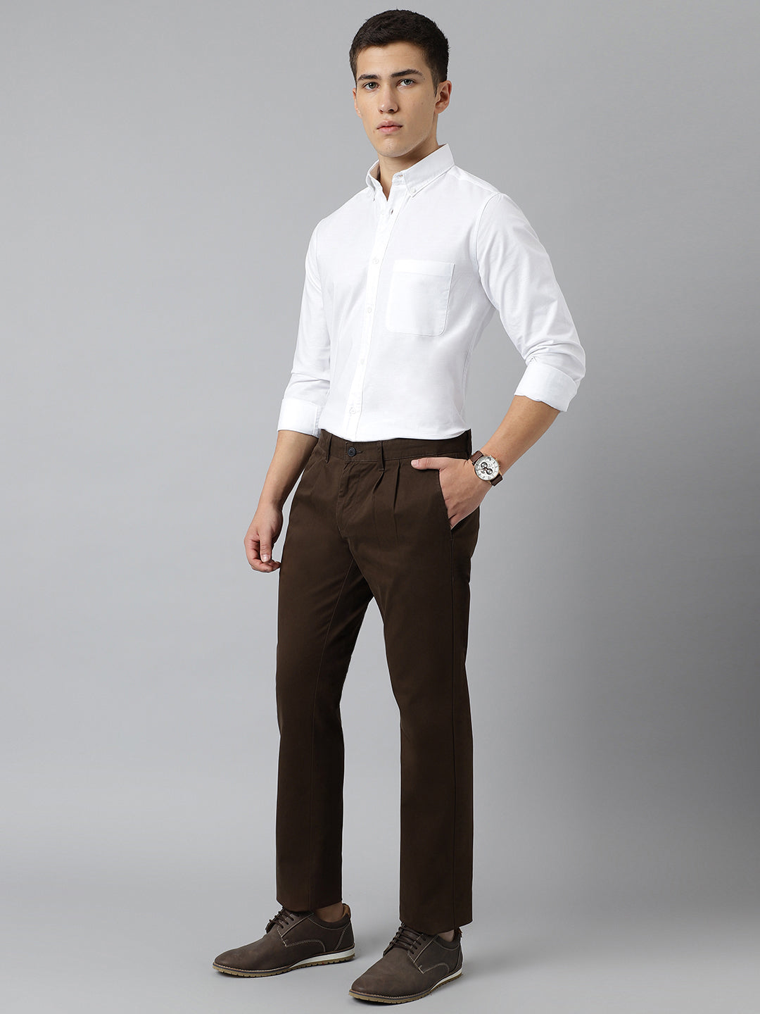 2 Way Stretch Pleated Chinos in Chocolate Brown- Comfort Fit