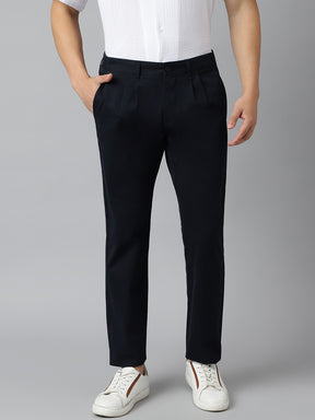 2 Way Stretch Pleated Chinos in Navy Blue- Comfort Fit