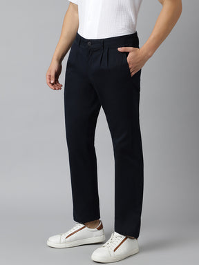 2 Way Stretch Pleated Chinos in Navy Blue- Comfort Fit