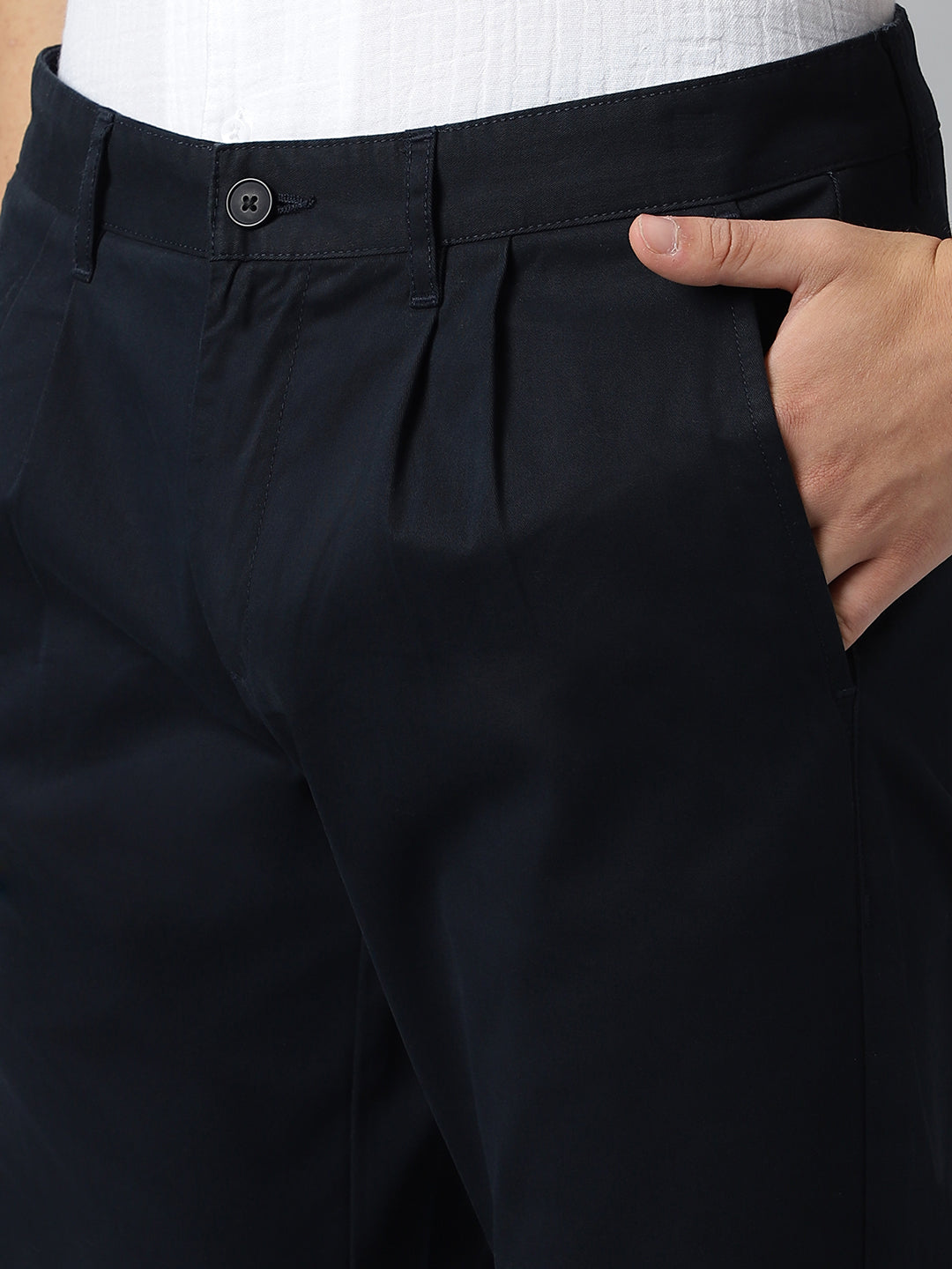 2 Way Stretch Pleated Chinos in Navy Blue- Comfort Fit