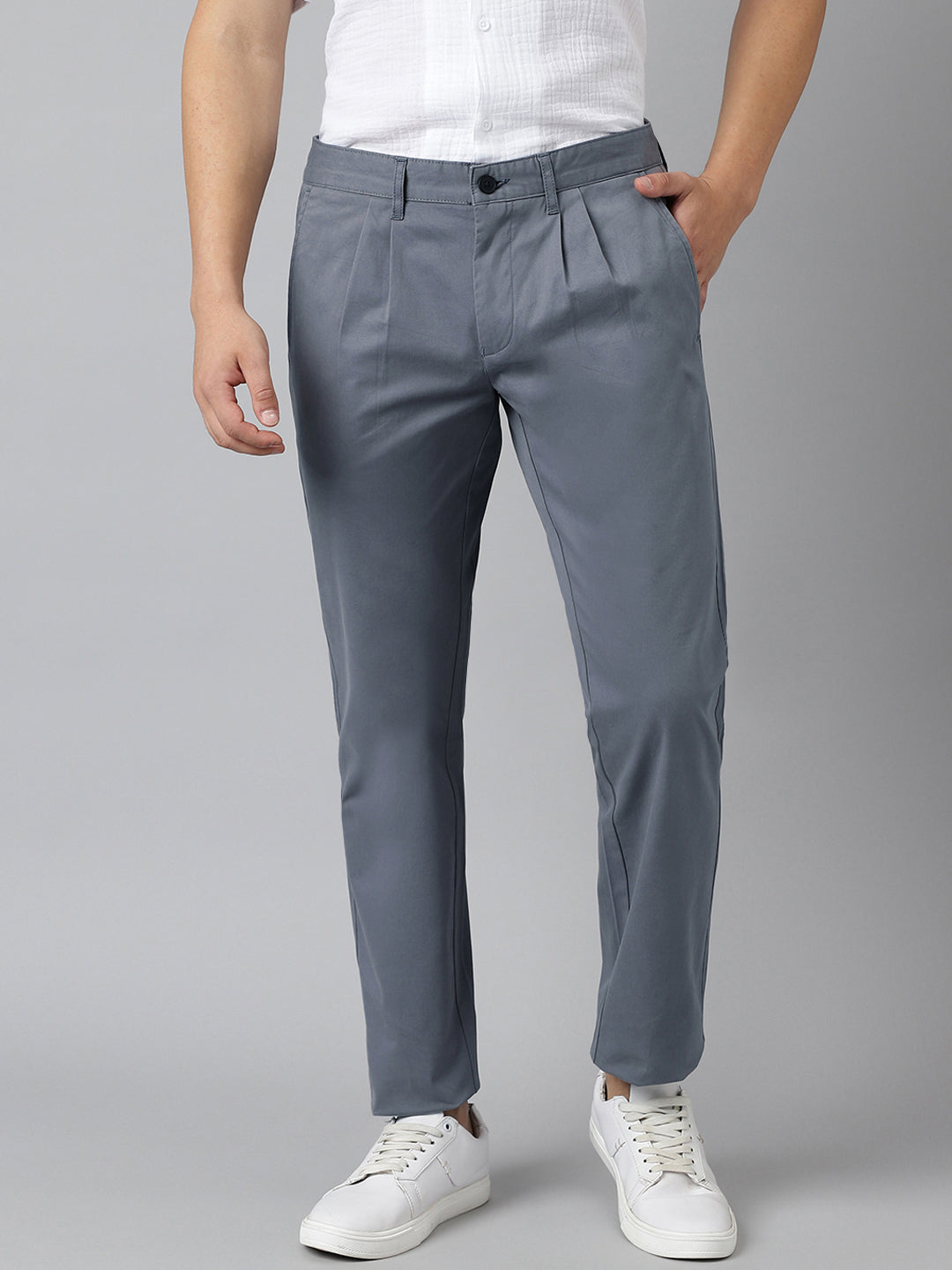 2 Way Stretch Pleated Chinos in Slate Grey- Comfort Fit