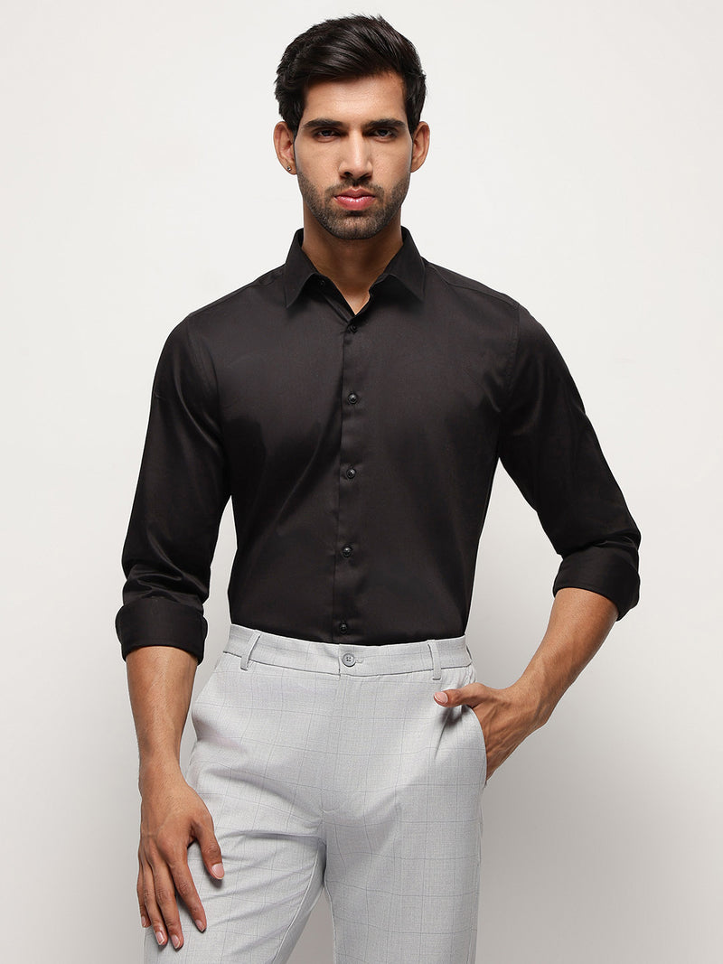 2 Way Stretch Satin Shirt in Black