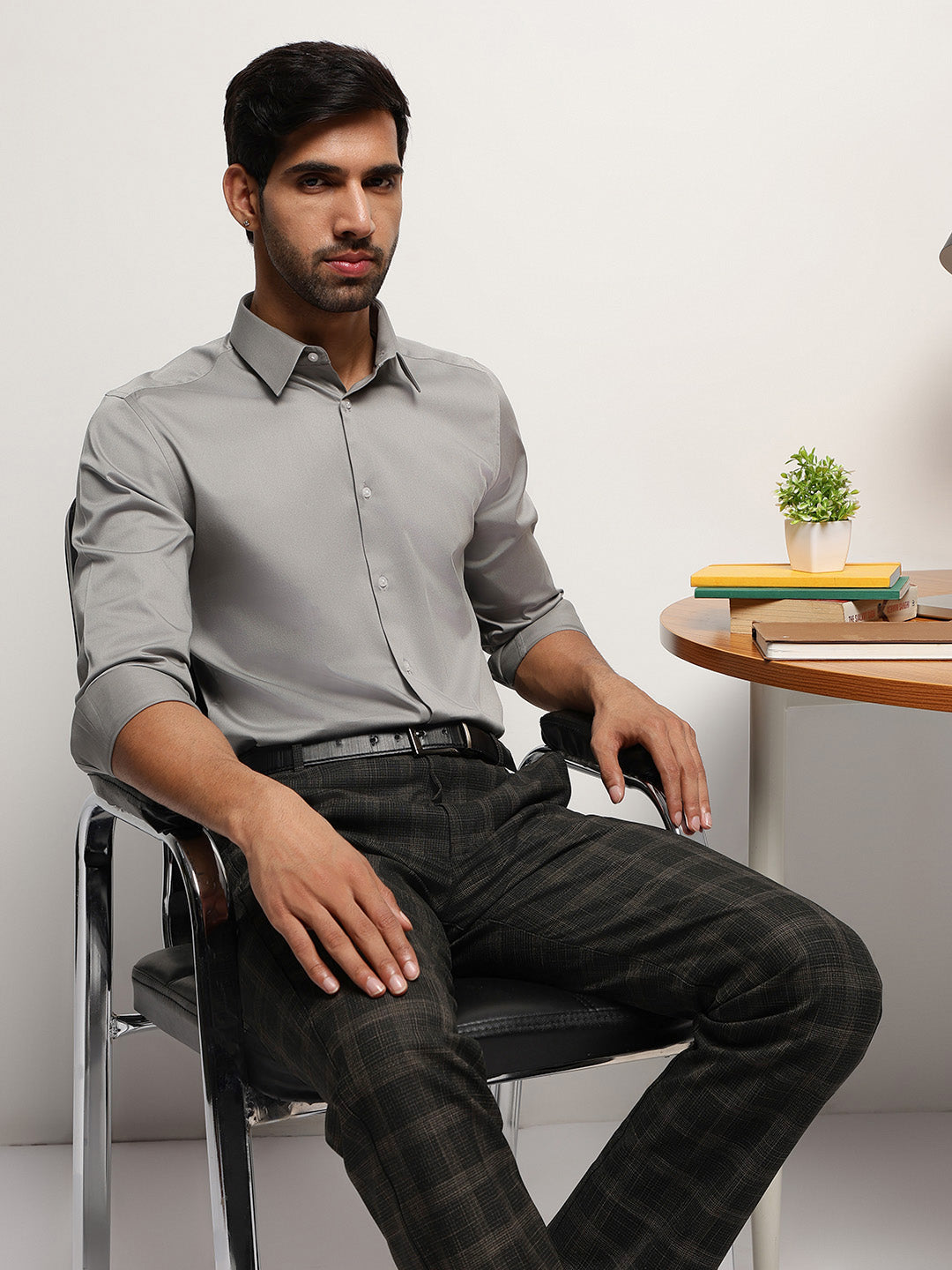 2 Way Stretch Satin Shirt in Light Grey